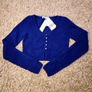 ZARA Sweater Cropped Cardigan Womens Size M Blue NWT Buttons Wool Blend